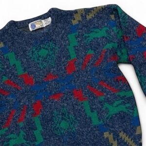 Vintage 80s Sweaters Blue Geometric Pattern‎ Knit Sweater